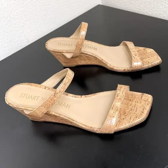 Stuart Weitzman Cork Wedge Sandals 9.5 Women’s Slip-On Strappy Nude Summer Heel - Picture 7 of 10